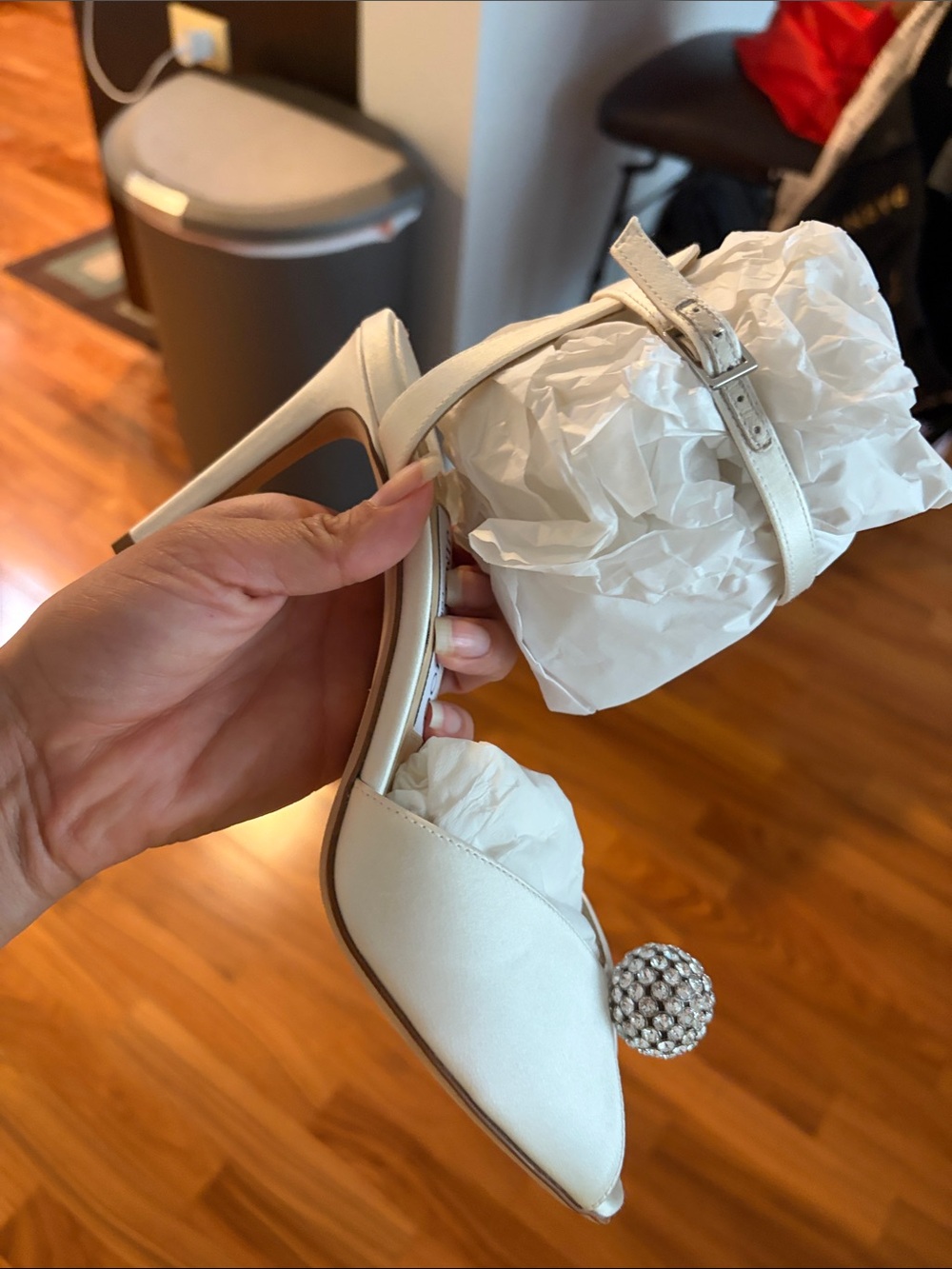 Jimmy Choo Ivory Satin Stiletto Sandals with Crystal Ball Accent - Picture 8 of 8